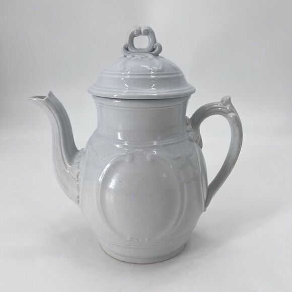 Antique Victorian White Ironstone China Teapot Cottage Farmhouse Decor - Picture 2 of 14